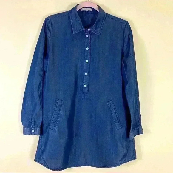 Joan Vass Dark Wash Blue Denim Chambray 1/2 Button Mini Dress Blouse Size S - Picture 1 of 12